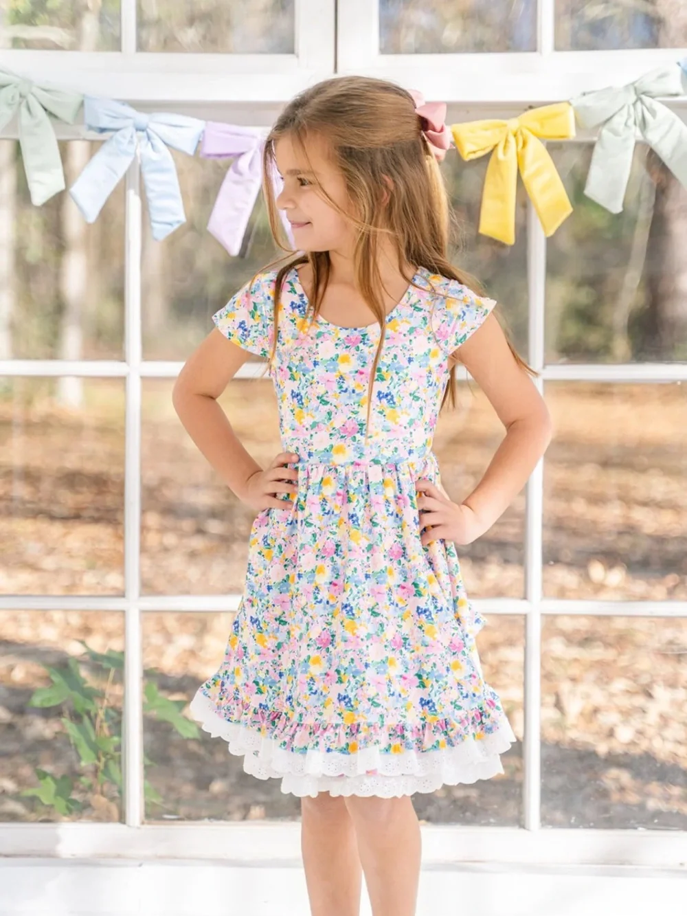 cheeky plum Girls Floral Ruffle Dress in White, Pink, Yellow, Blue